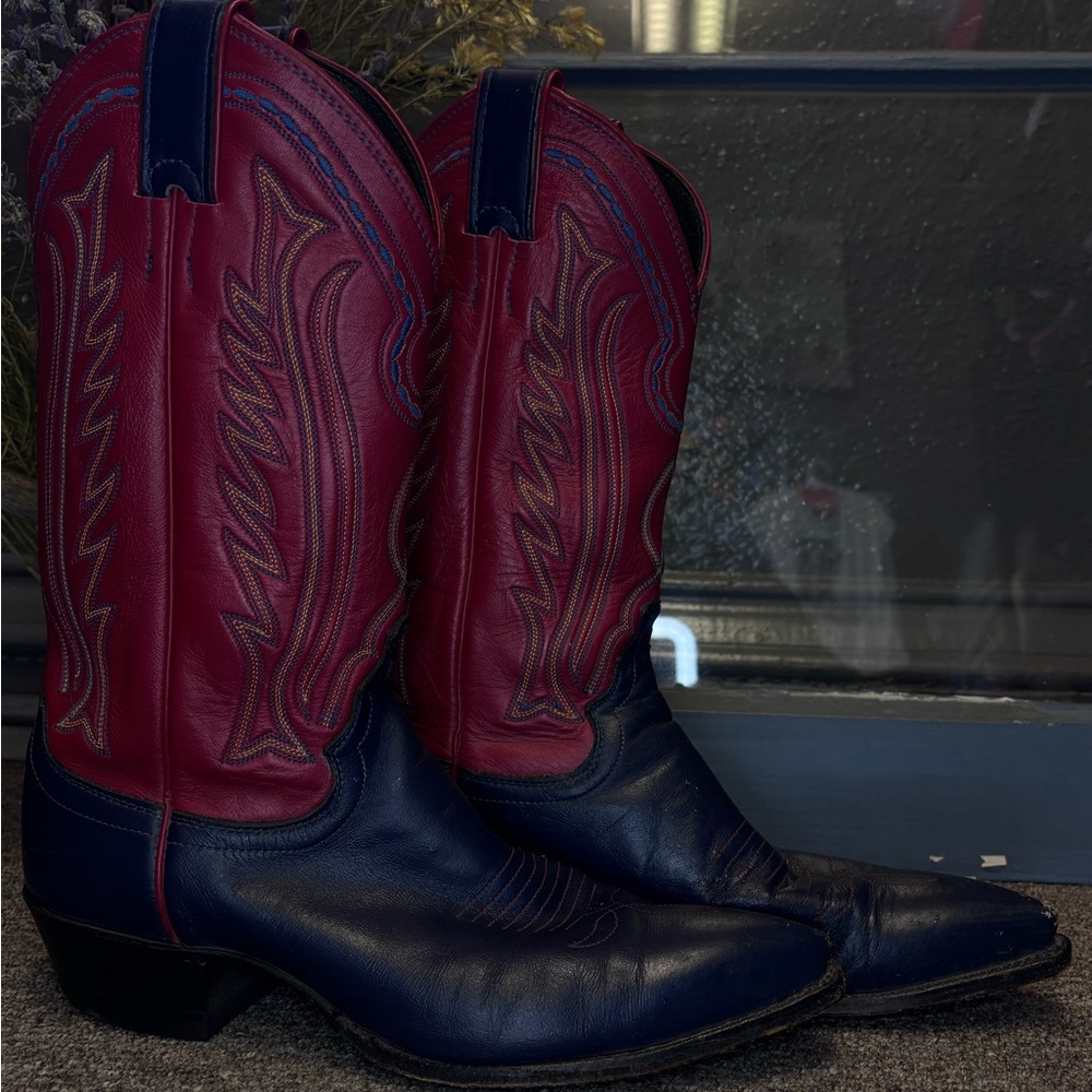 Stylish Red and Blue Heeled Boots